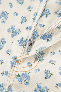 Ivory Barrel Jeans w/Blue Floral Print & Grommet Drawstring