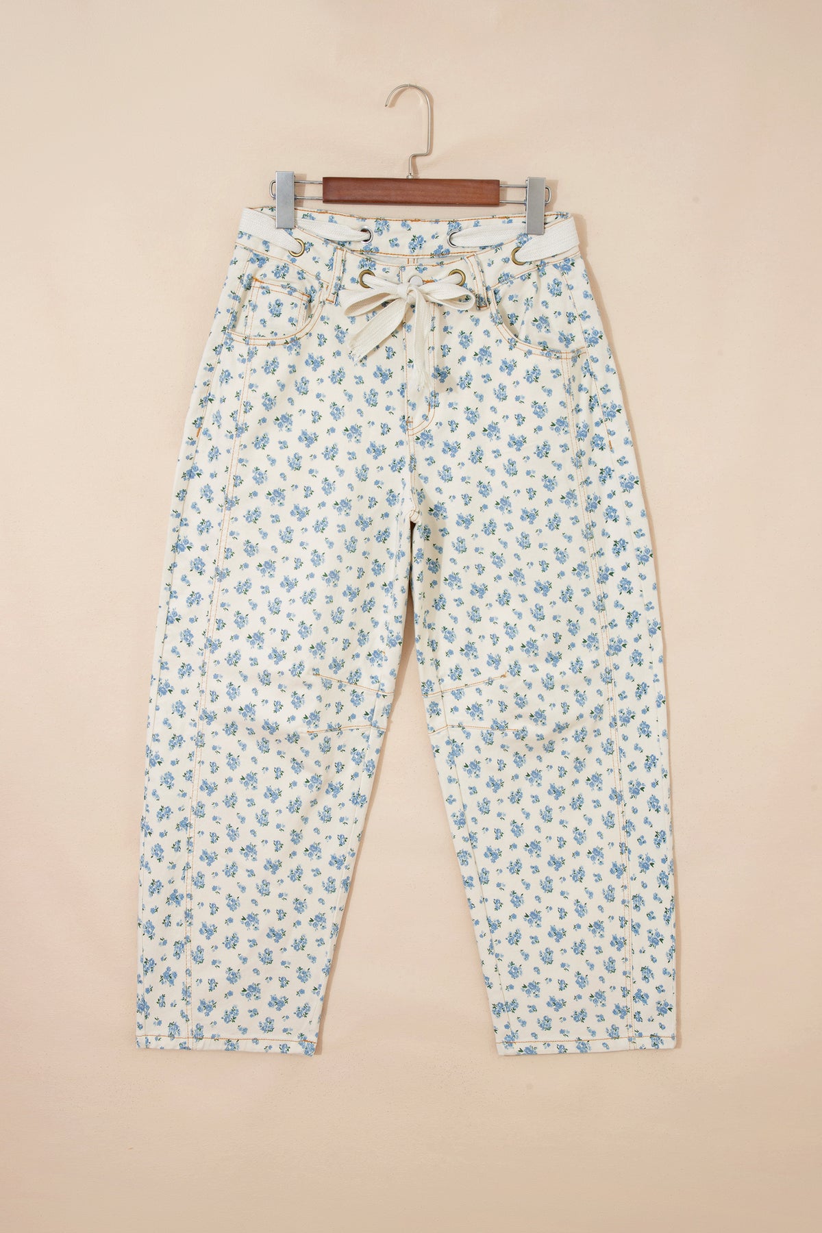 Ivory Barrel Jeans w/Blue Floral Print & Grommet Drawstring