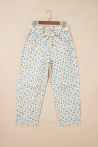 Ivory Barrel Jeans w/Blue Floral Print & Grommet Drawstring