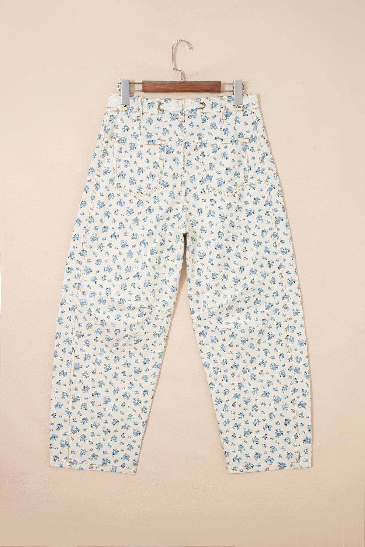 Ivory Barrel Jeans w/Blue Floral Print & Grommet Drawstring