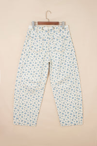 Ivory Barrel Jeans w/Blue Floral Print & Grommet Drawstring