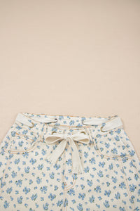 Ivory Barrel Jeans w/Blue Floral Print & Grommet Drawstring