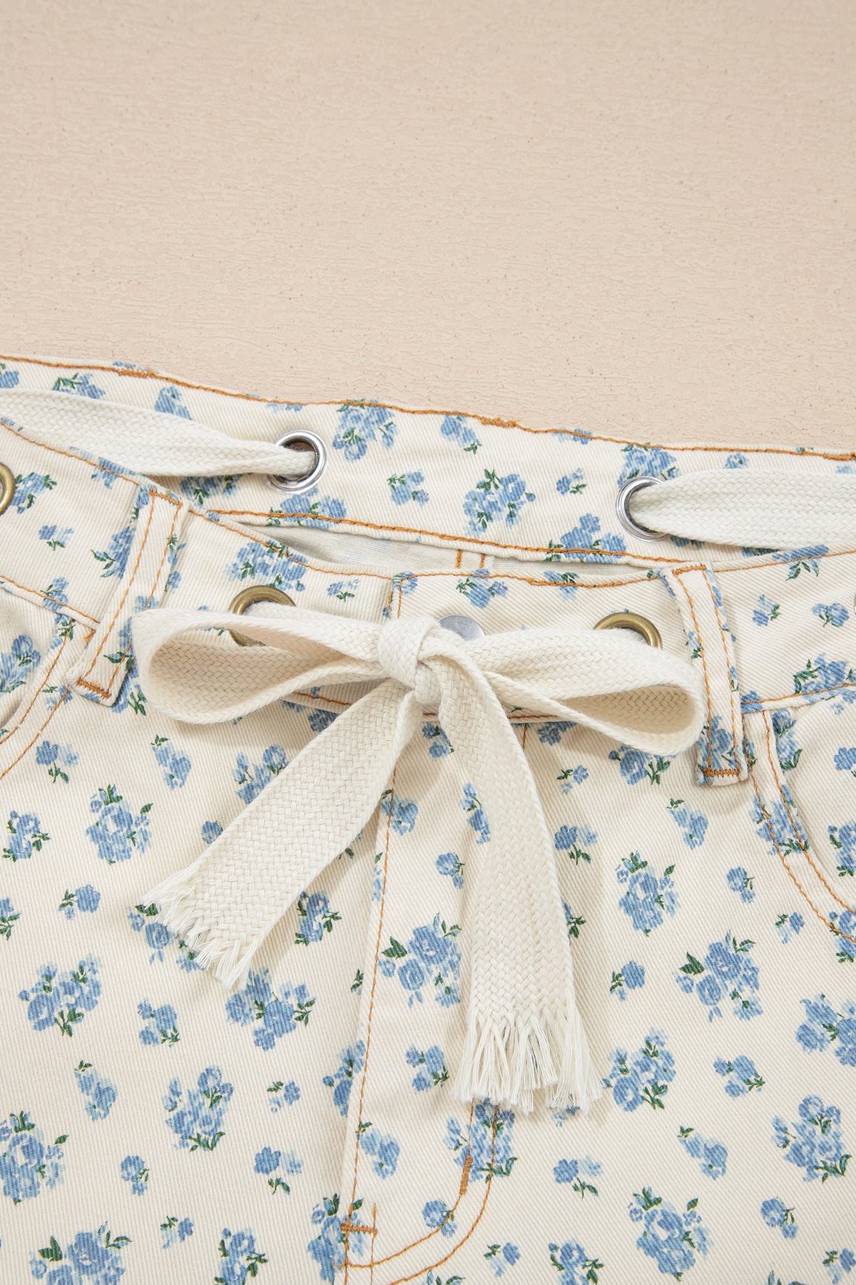 Ivory Barrel Jeans w/Blue Floral Print & Grommet Drawstring