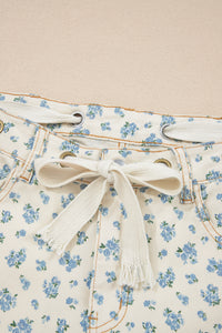Ivory Barrel Jeans w/Blue Floral Print & Grommet Drawstring