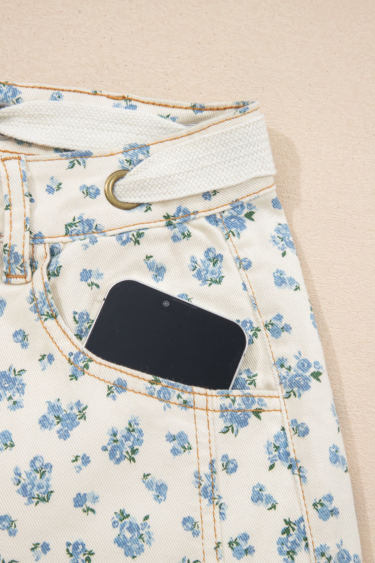 Ivory Barrel Jeans w/Blue Floral Print & Grommet Drawstring