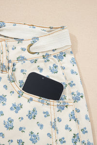 Ivory Barrel Jeans w/Blue Floral Print & Grommet Drawstring