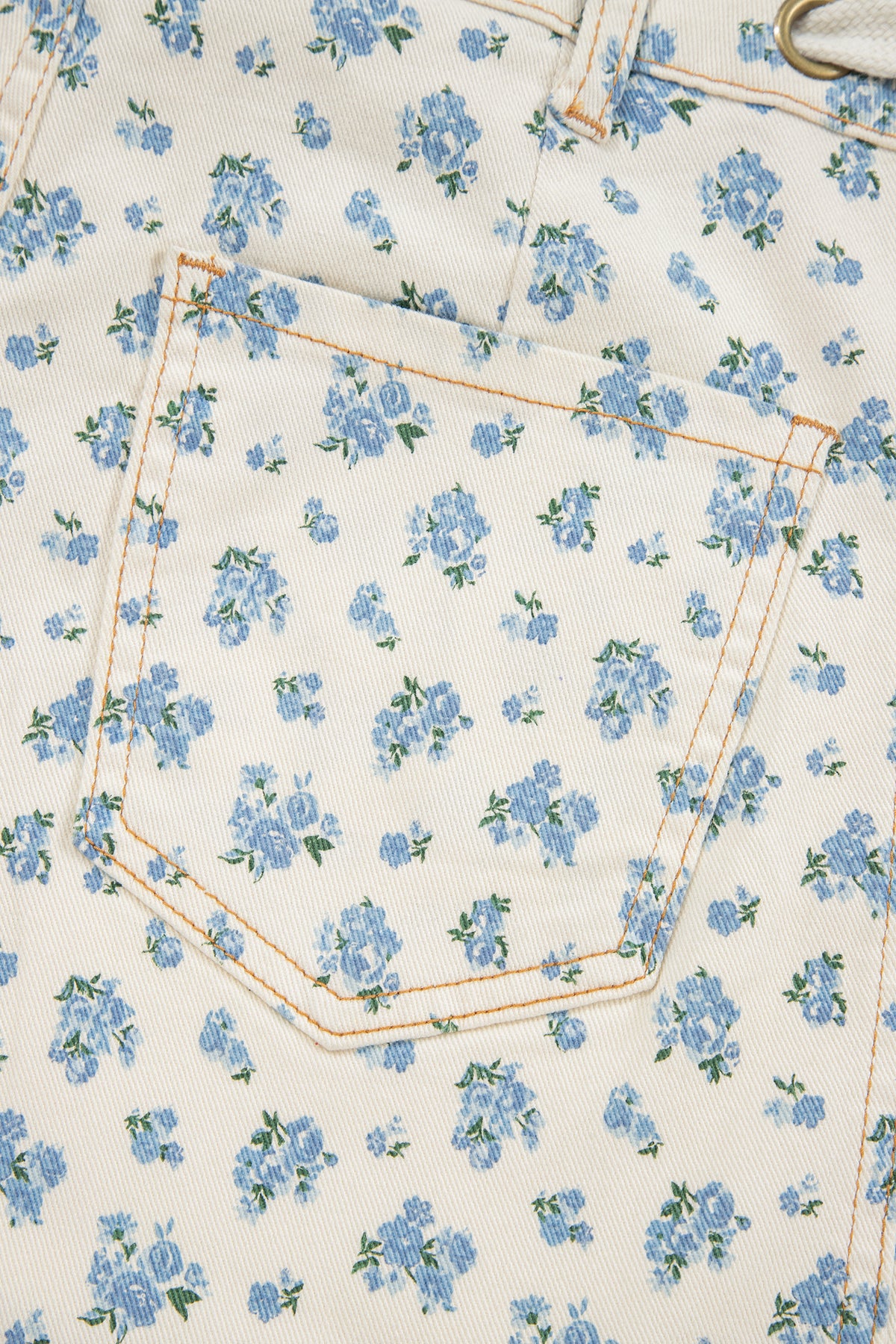 Ivory Barrel Jeans w/Blue Floral Print & Grommet Drawstring