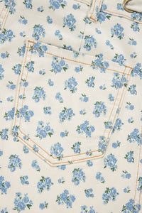 Ivory Barrel Jeans w/Blue Floral Print & Grommet Drawstring