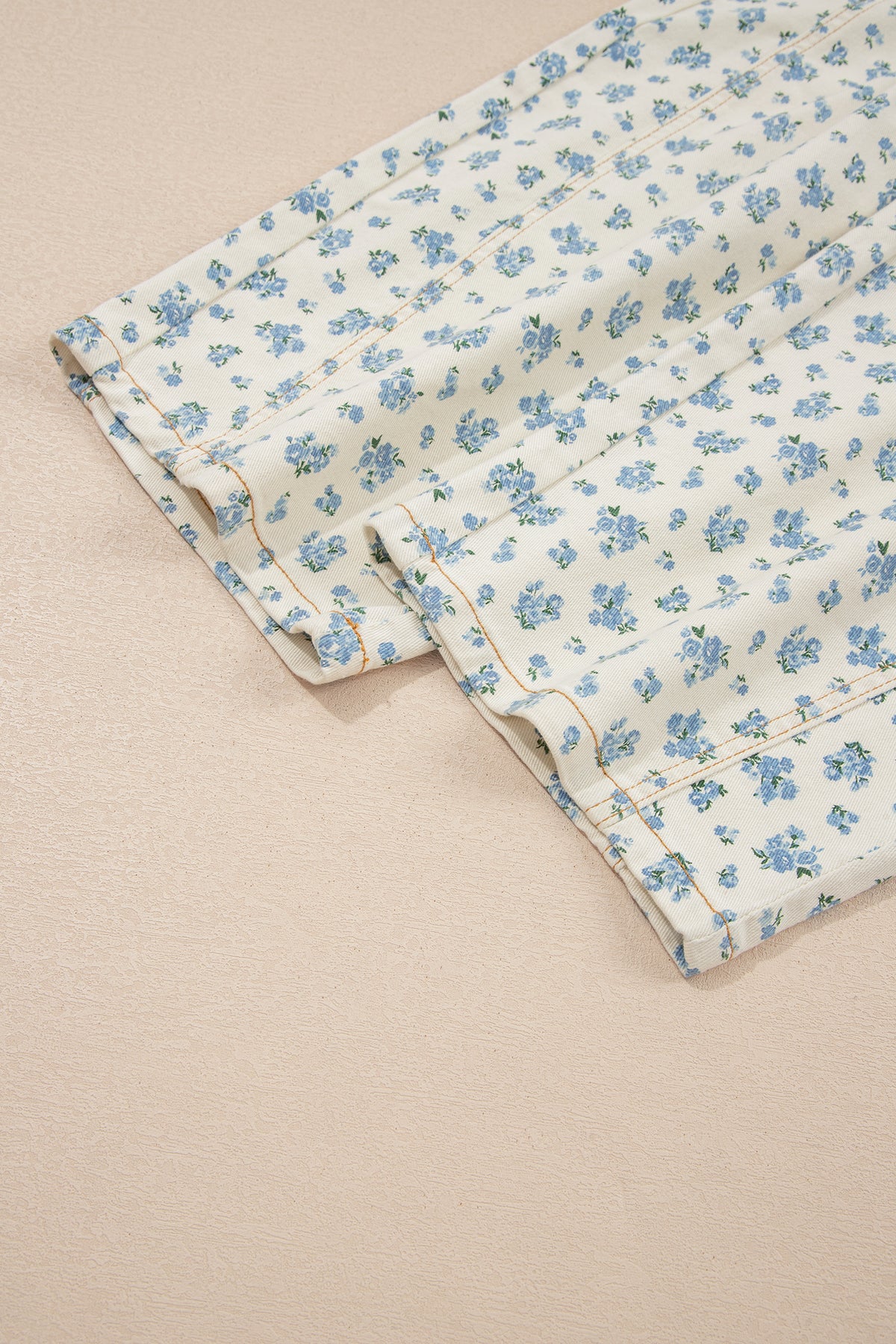 Ivory Barrel Jeans w/Blue Floral Print & Grommet Drawstring