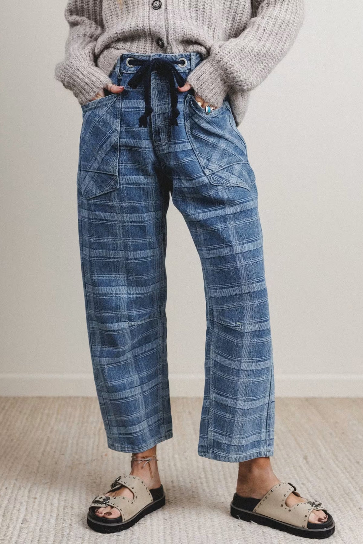 Blue Plaid Barrel Jeans & Grommet Drawstring