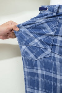Blue Plaid Barrel Jeans & Grommet Drawstring