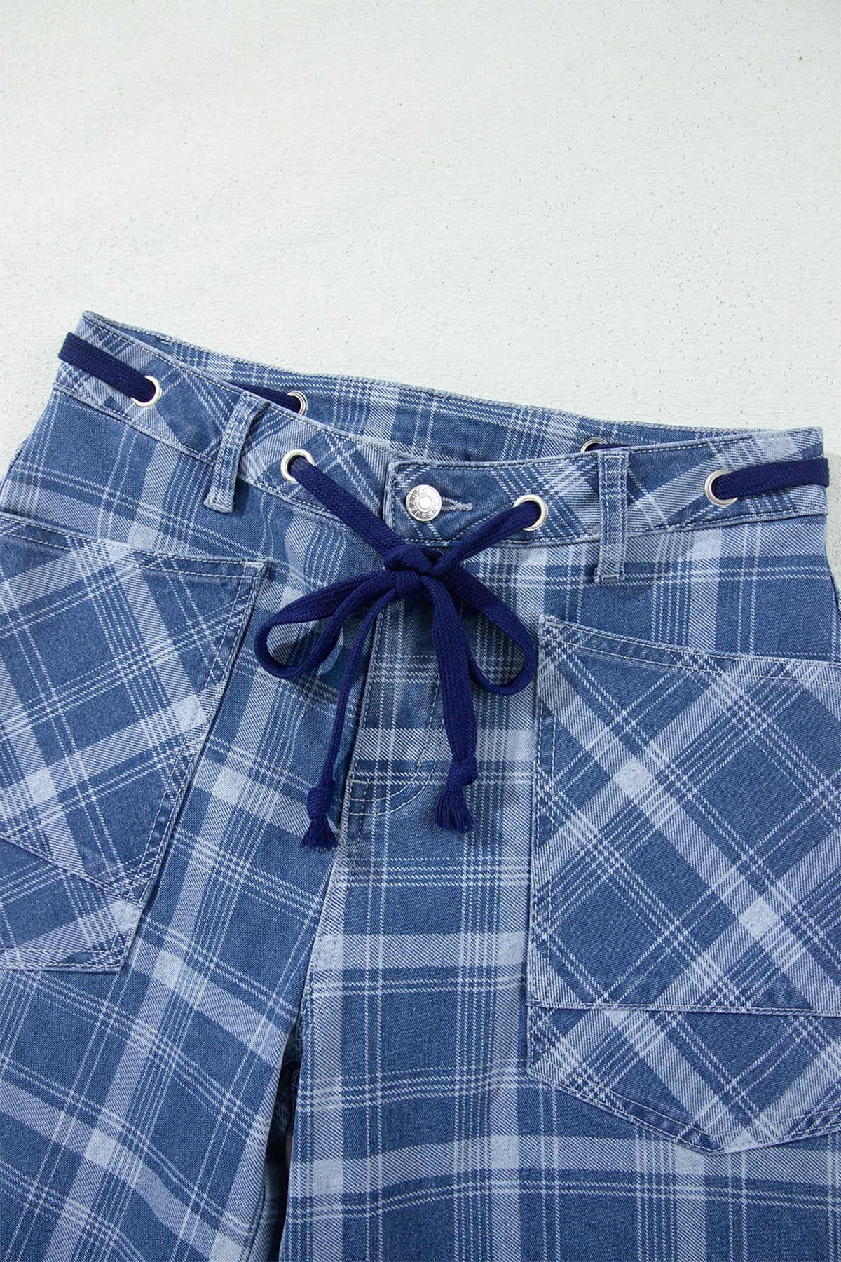 Blue Plaid Barrel Jeans & Grommet Drawstring