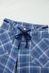 Blue Plaid Barrel Jeans & Grommet Drawstring
