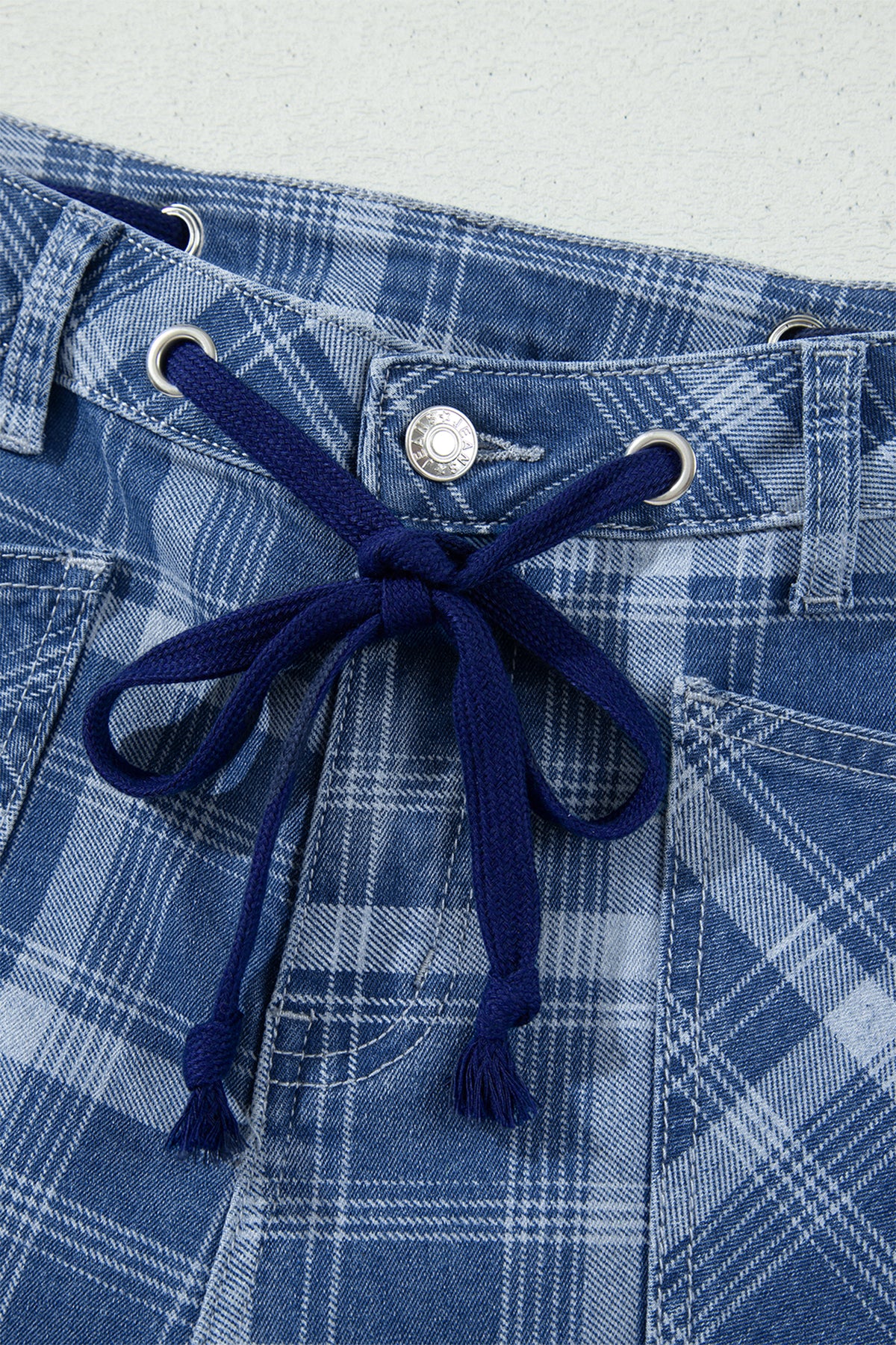Blue Plaid Barrel Jeans & Grommet Drawstring