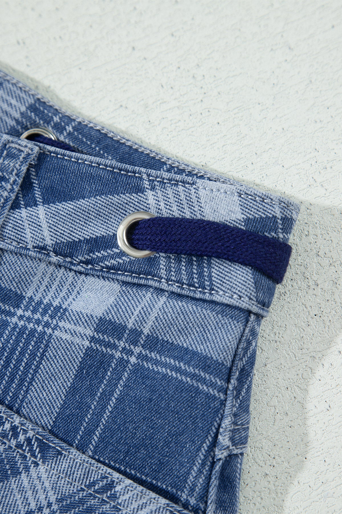 Blue Plaid Barrel Jeans & Grommet Drawstring