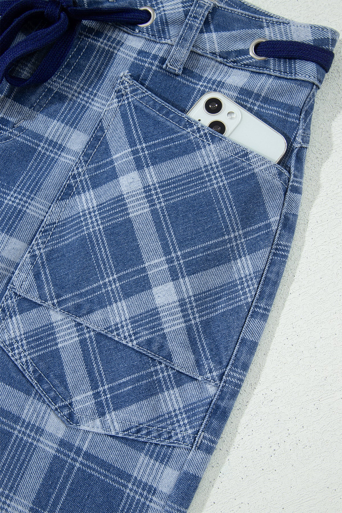 Blue Plaid Barrel Jeans & Grommet Drawstring