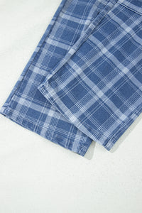 Blue Plaid Barrel Jeans & Grommet Drawstring