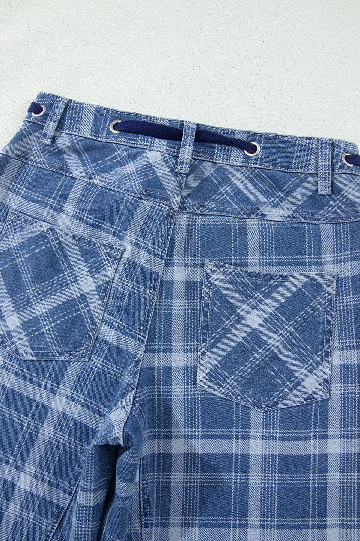 Blue Plaid Barrel Jeans & Grommet Drawstring