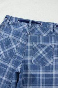 Blue Plaid Barrel Jeans & Grommet Drawstring