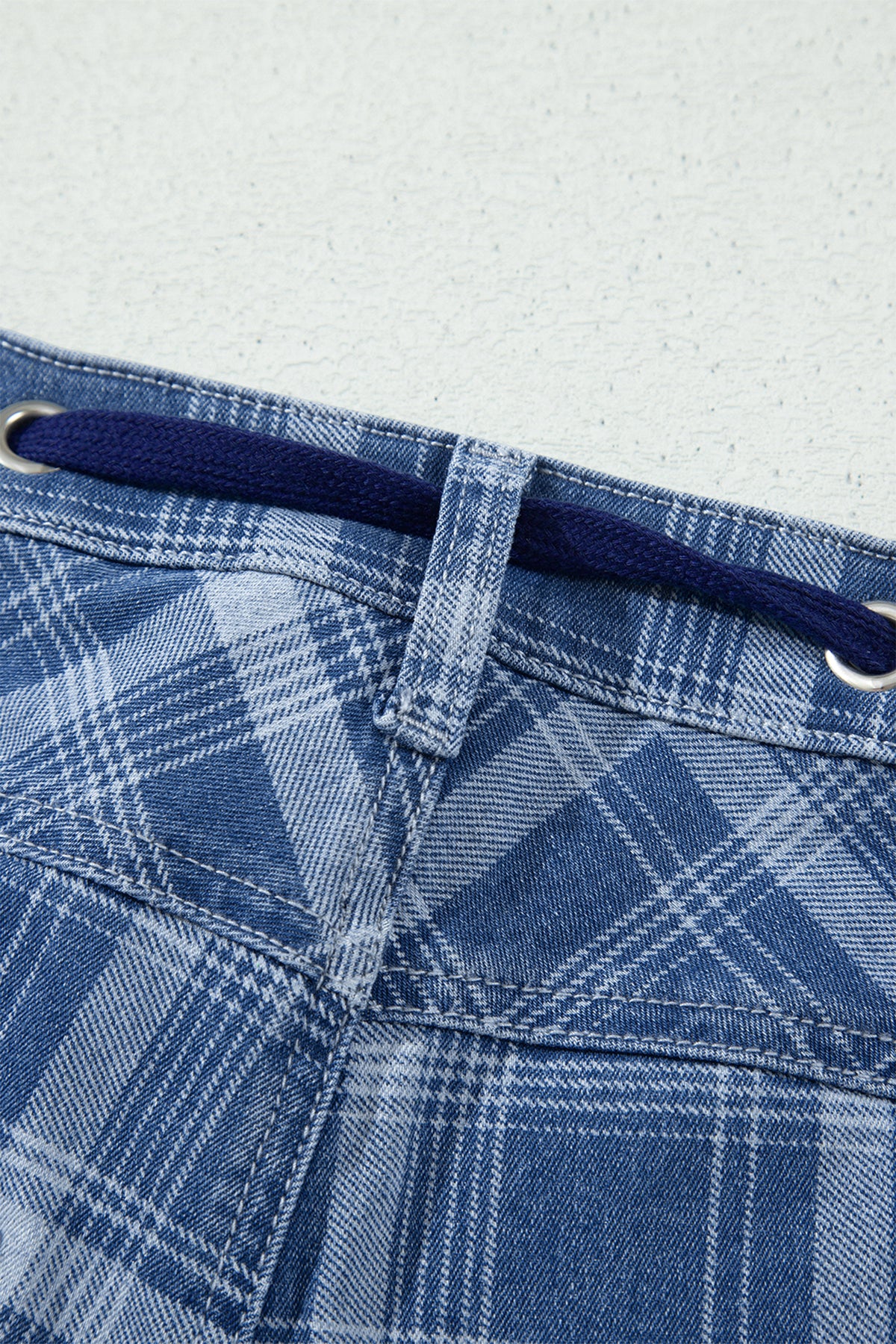 Blue Plaid Barrel Jeans & Grommet Drawstring