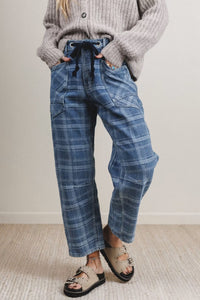 Blue Plaid Barrel Jeans & Grommet Drawstring