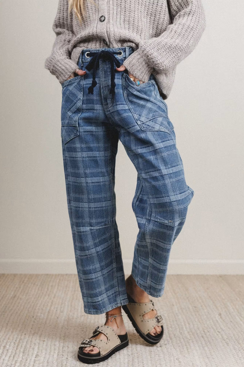 Blue Plaid Barrel Jeans & Grommet Drawstring