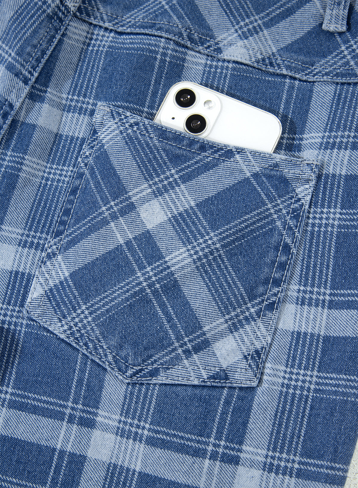 Blue Plaid Barrel Jeans & Grommet Drawstring