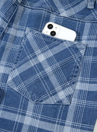 Blue Plaid Barrel Jeans & Grommet Drawstring