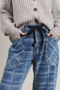 Blue Plaid Barrel Jeans & Grommet Drawstring