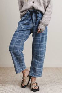 Blue Plaid Barrel Jeans & Grommet Drawstring