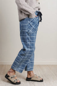 Blue Plaid Barrel Jeans & Grommet Drawstring