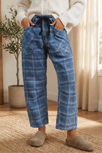 Blue Plaid Barrel Jeans & Grommet Drawstring