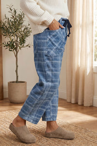 Blue Plaid Barrel Jeans & Grommet Drawstring