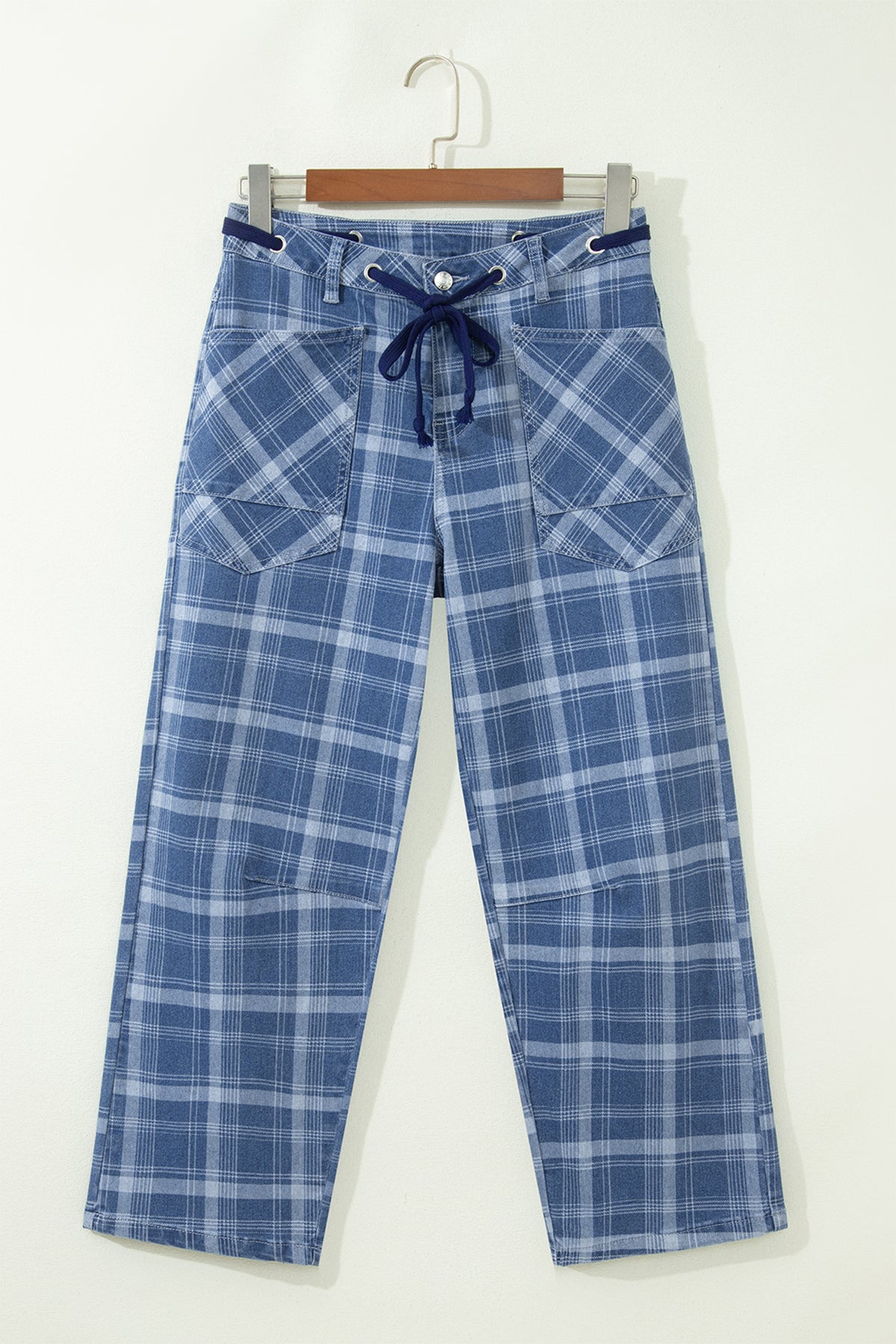 Blue Plaid Barrel Jeans & Grommet Drawstring
