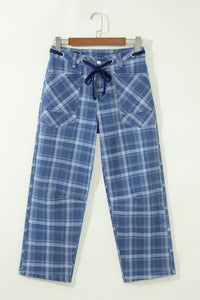 Blue Plaid Barrel Jeans & Grommet Drawstring