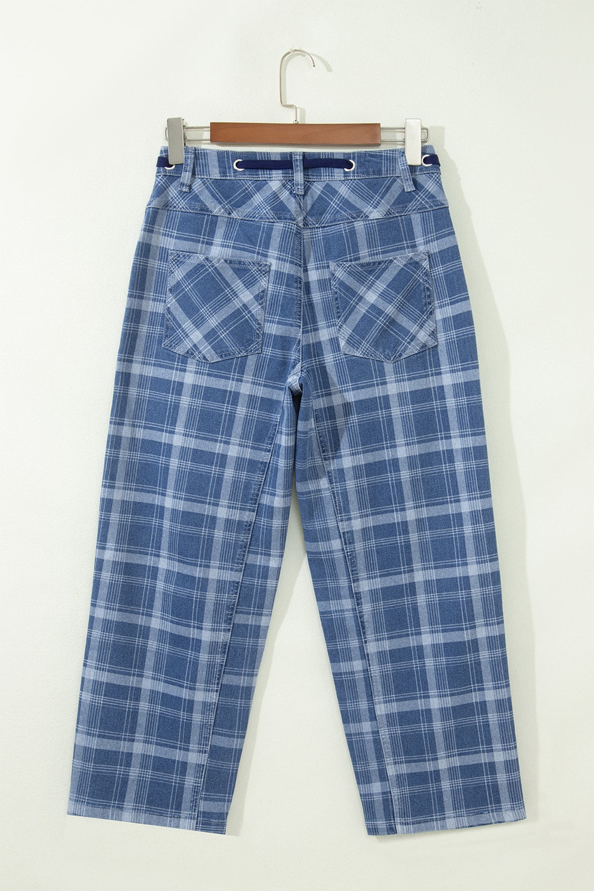 Blue Plaid Barrel Jeans & Grommet Drawstring