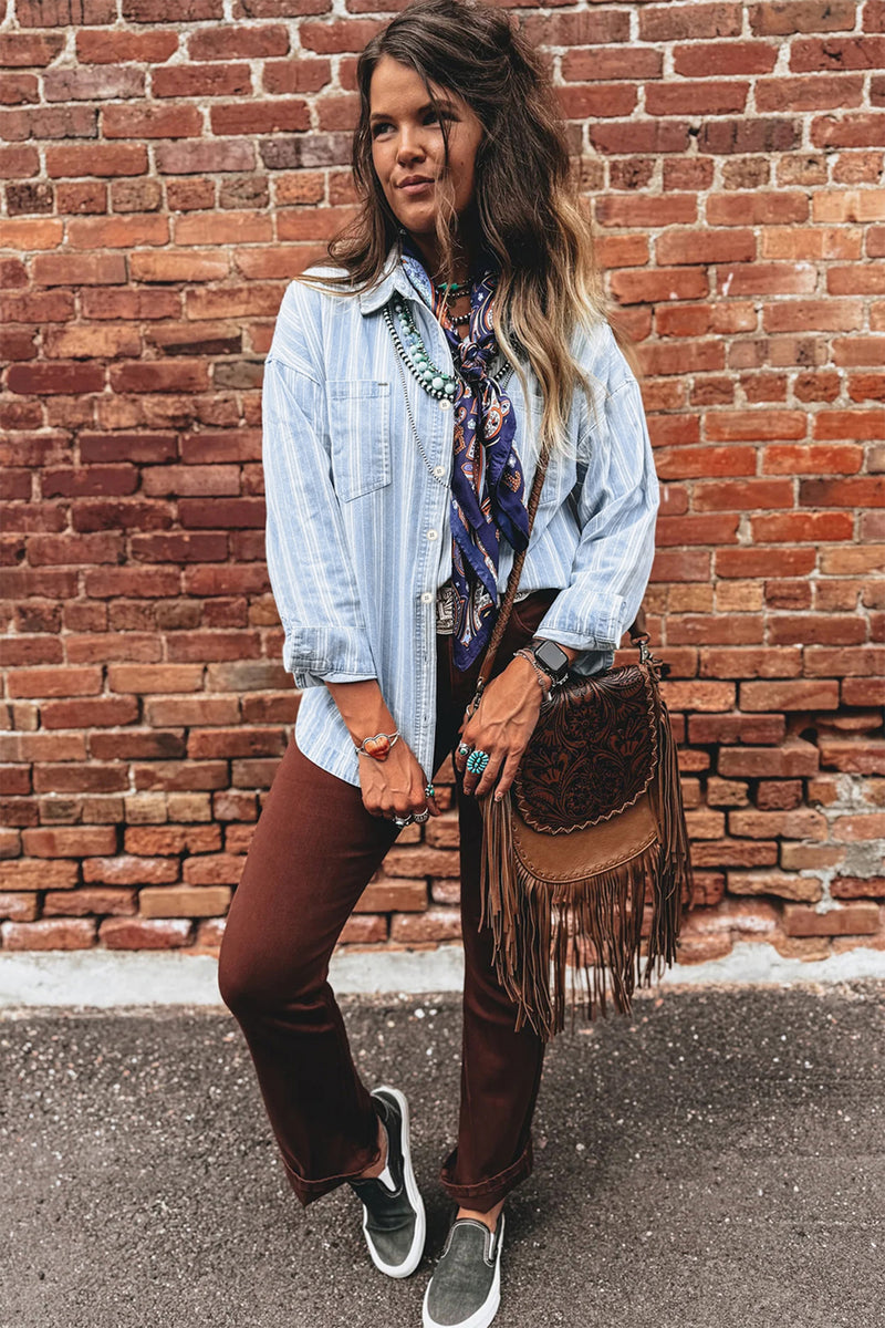 Blue & White Striped Mid-Weight Denim Shacket