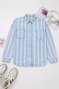 Blue & White Striped Mid-Weight Denim Shacket