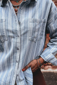 Blue & White Striped Mid-Weight Denim Shacket