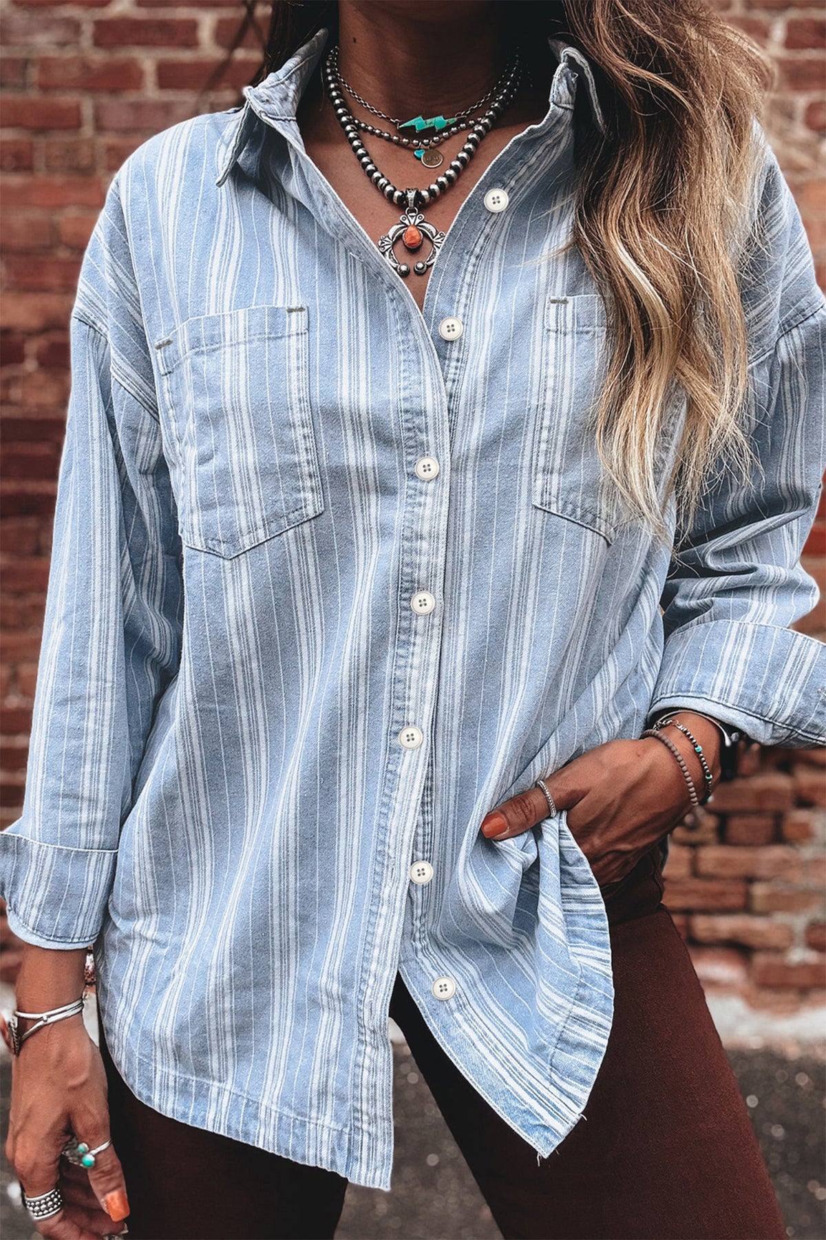 Blue & White Striped Mid-Weight Denim Shacket