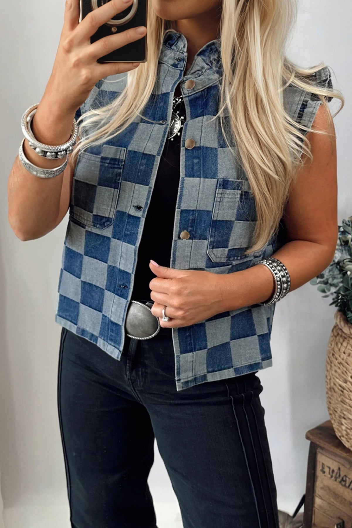 Blue Checkered Denim Vest with Ruffle Trim