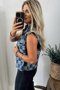 Blue Checkered Denim Vest with Ruffle Trim