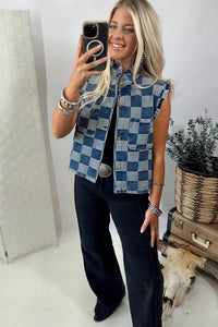 Blue Checkered Denim Vest with Ruffle Trim