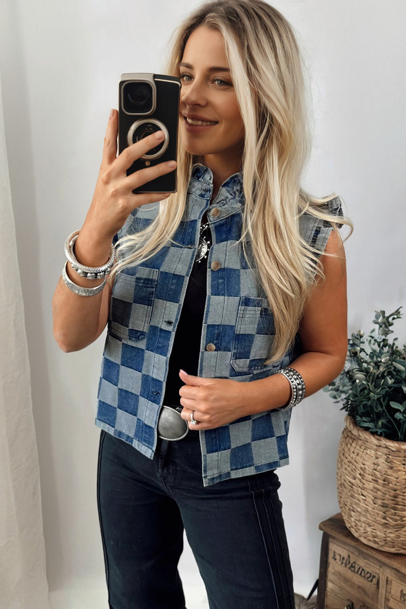 Blue Checkered Denim Vest with Ruffle Trim