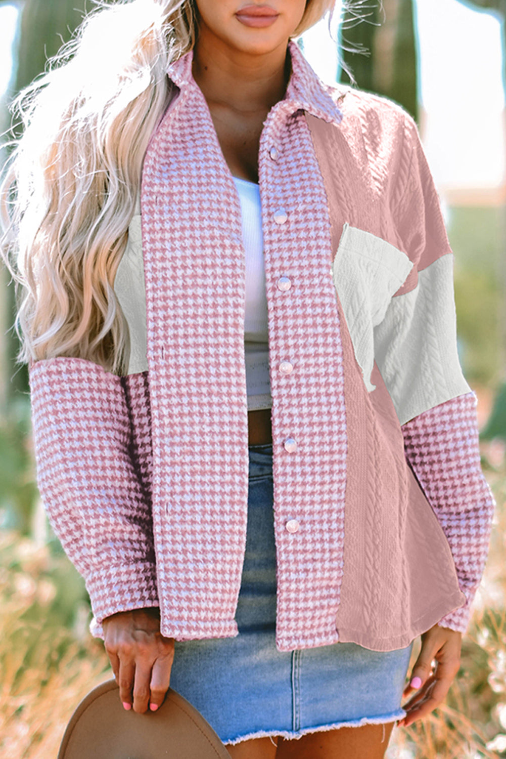 Textured Patchwork (Pink) Loose-Fitting Jacket