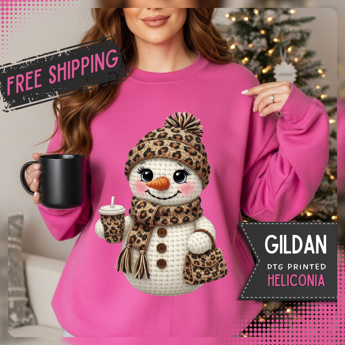 Leopard Snowman - Leopard Purse, Drink, Hat & Scarf – Gildan Heavy Blend | Trendy Women’s Soft Sweatshirt. Direct to Garment. Printed & Shipped in the USA. Unisex Sizes.