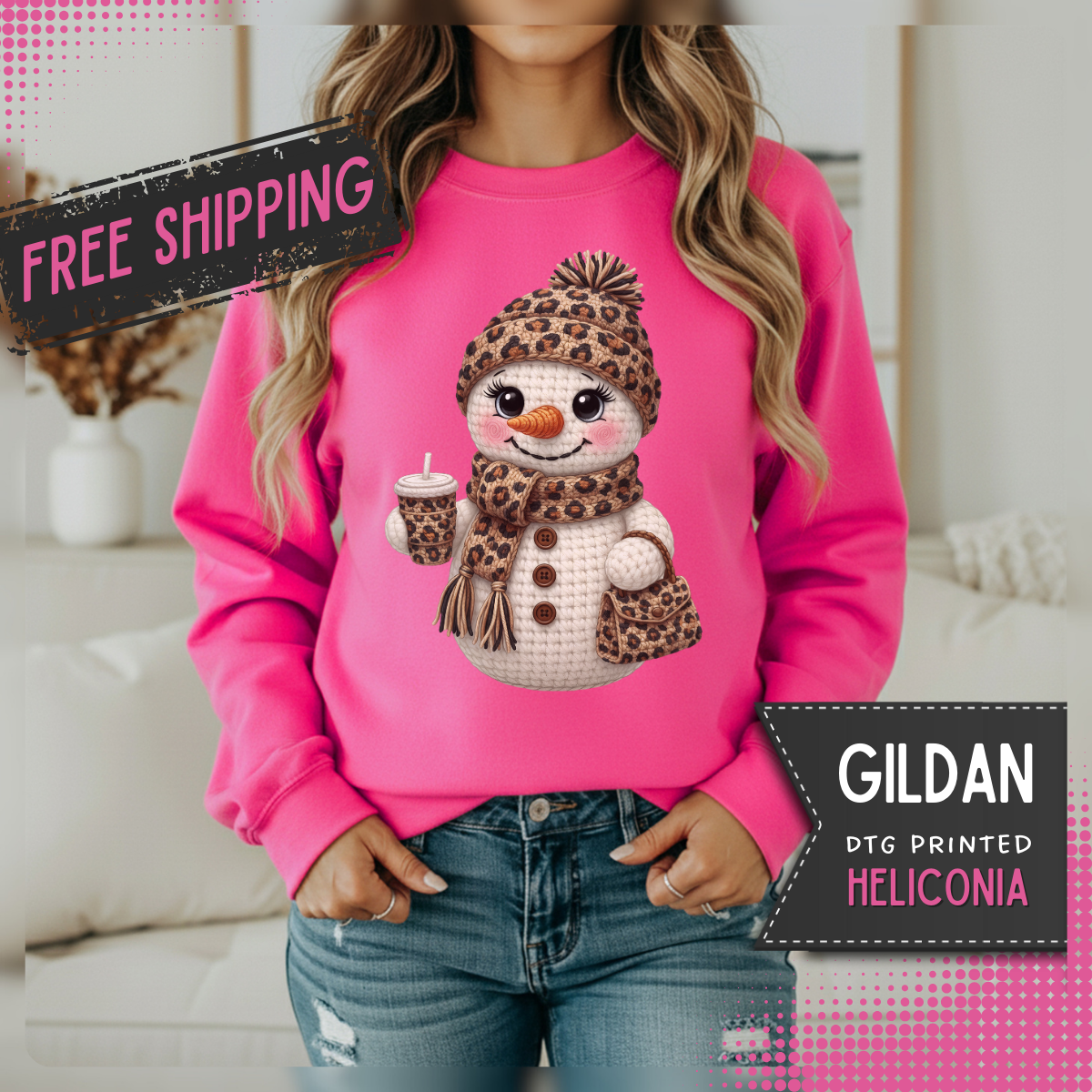 Leopard Snowman - Leopard Purse, Drink, Hat & Scarf – Gildan Heavy Blend | Trendy Women’s Soft Sweatshirt. Direct to Garment. Printed & Shipped in the USA. Unisex Sizes.