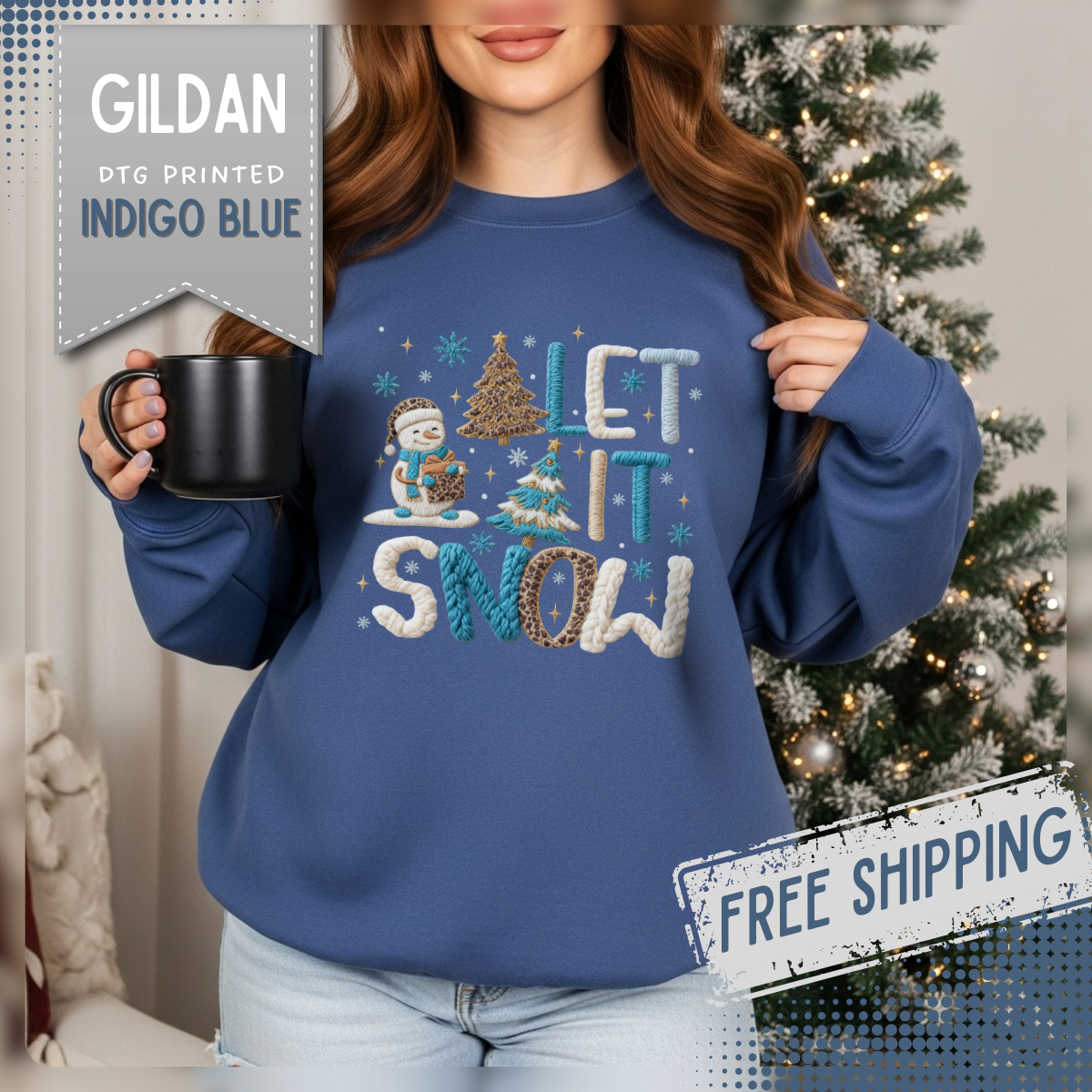 Let It Snow, Snowman – Gildan Heavy Blend | Trendy Women’s Soft Sweatshirt. Direct to Garment. Printed & Shipped in the USA. Unisex Sizes.