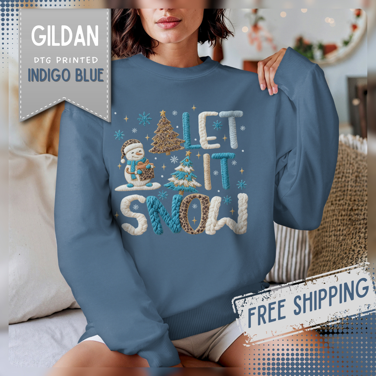 Let It Snow, Snowman – Gildan Heavy Blend | Trendy Women’s Soft Sweatshirt. Direct to Garment. Printed & Shipped in the USA. Unisex Sizes.