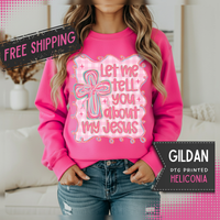 Let Me Tell You About My Jesus, Pink and Green – Gildan Heavy Blend | Trendy Women’s Soft Sweatshirt. Direct to Garment. Printed & Shipped in the USA. Unisex Sizes.